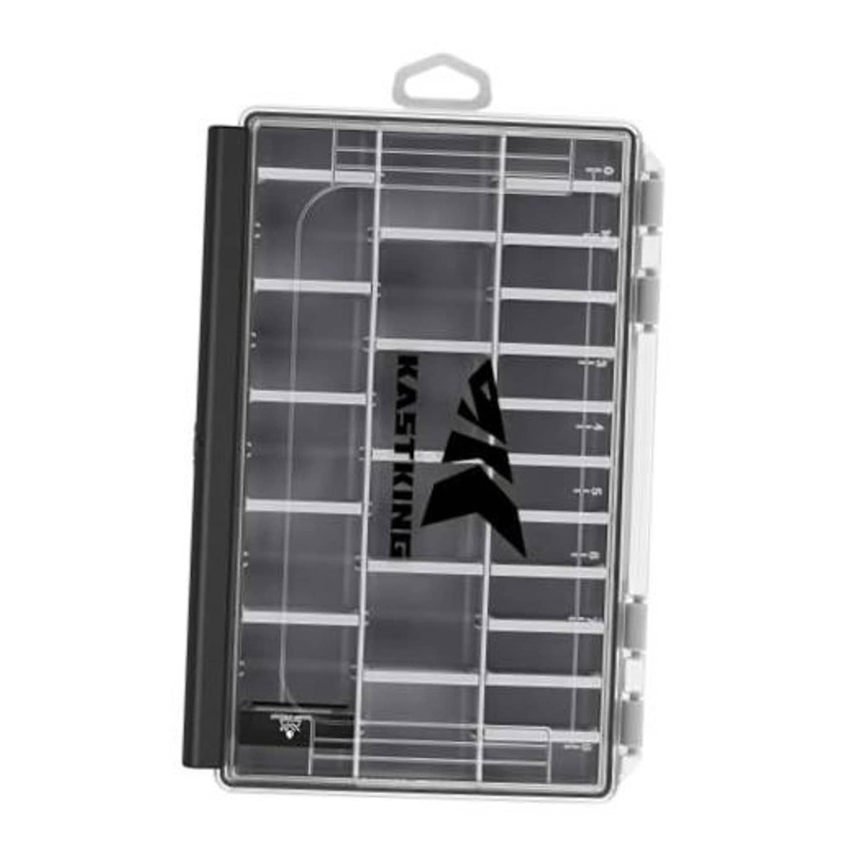 HyperSeal waterproof black tackle box with clear lid and organized internal divider grid.