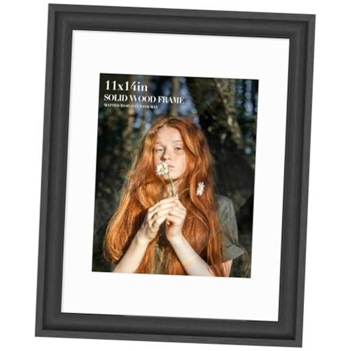 Black textured solid wood picture frame with white mat and tempered glass, front view