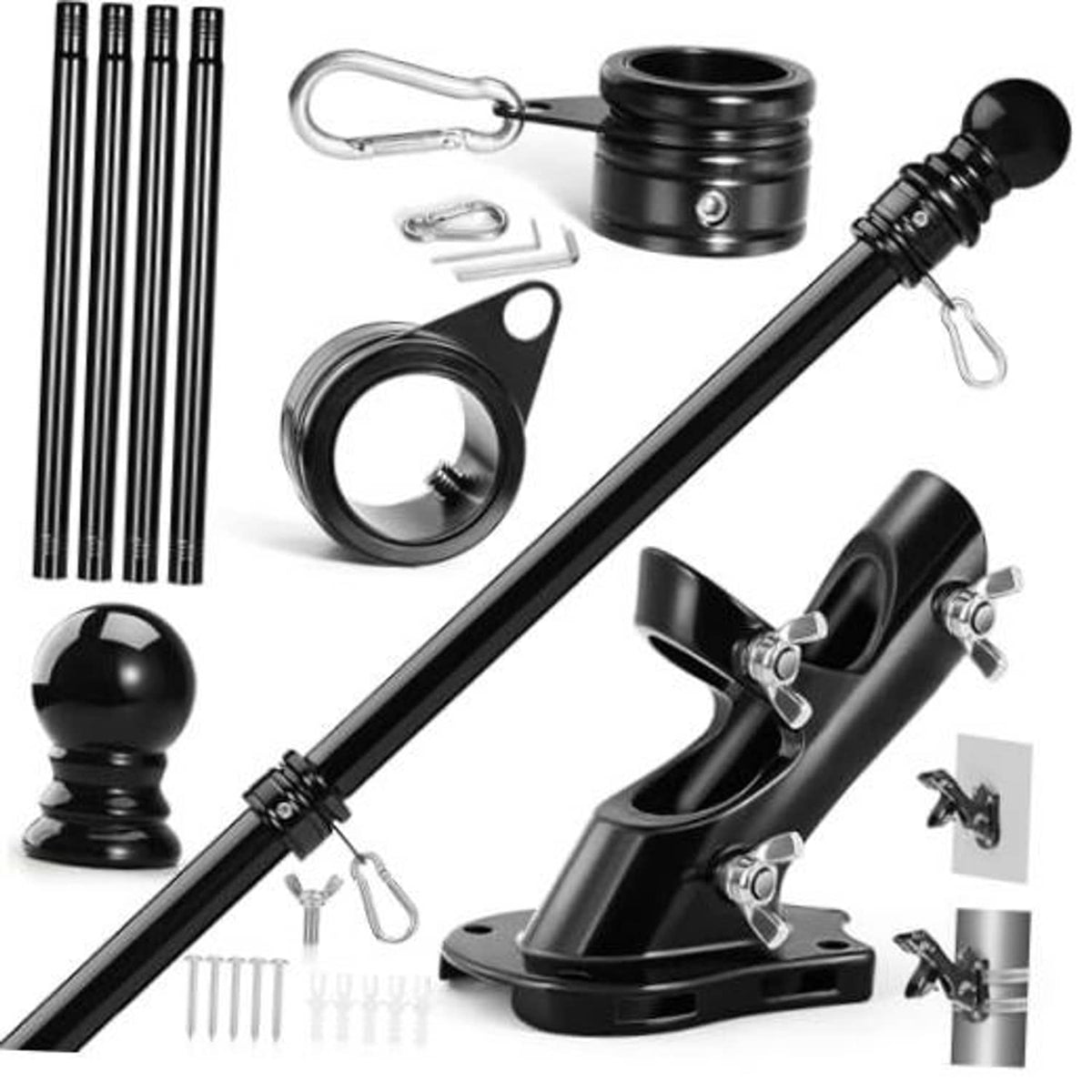 Black 5 ft flag pole kit with ornament finial, rotatable rings, and mounting hardware