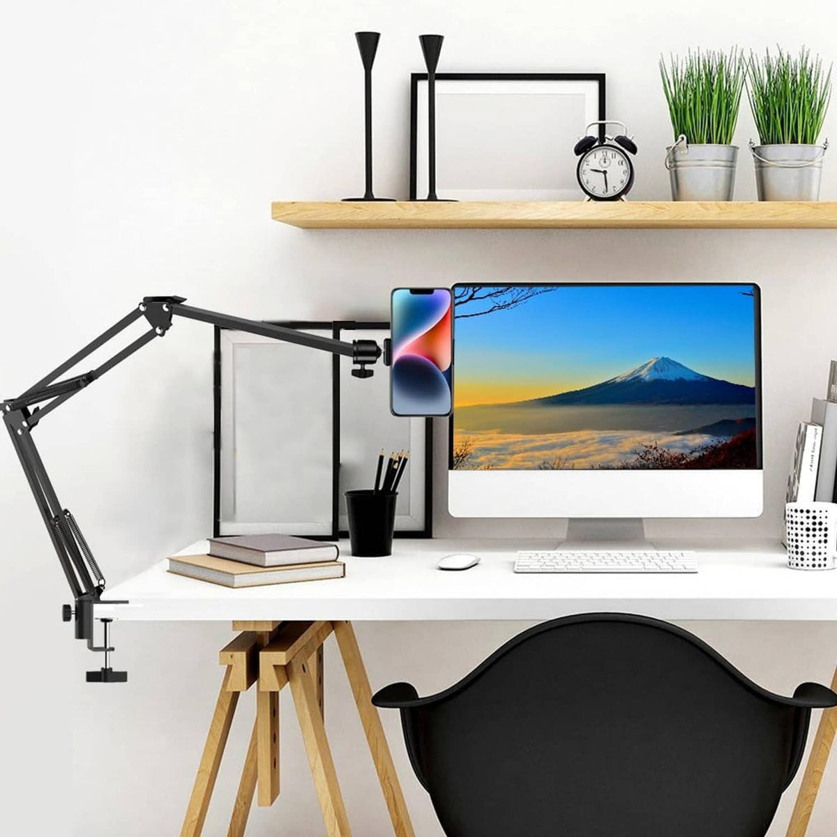 Black overhead tripod mount arm with clamp for phone and monitor setup