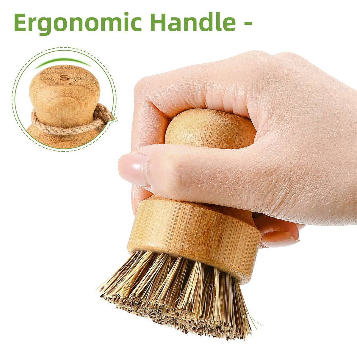 Ergonomic bamboo dish brush with wooden handle and bristle head