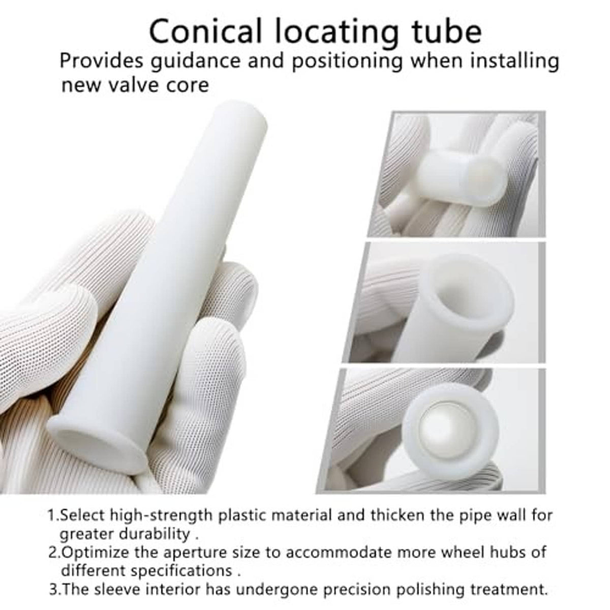 White conical locating tube sleeve for guiding and positioning a tire valve core installation