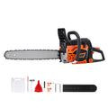 Gas chainsaw with 18-inch guide bar and included parts, orange and black body