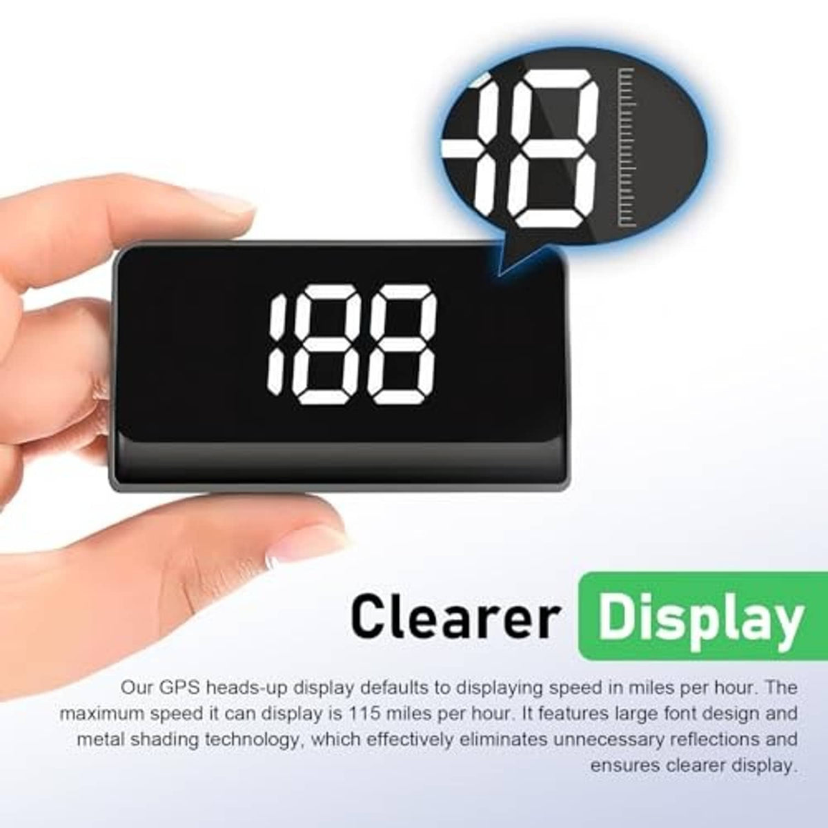 Car HUD speedometer display held in hand, black screen with white 188 digits