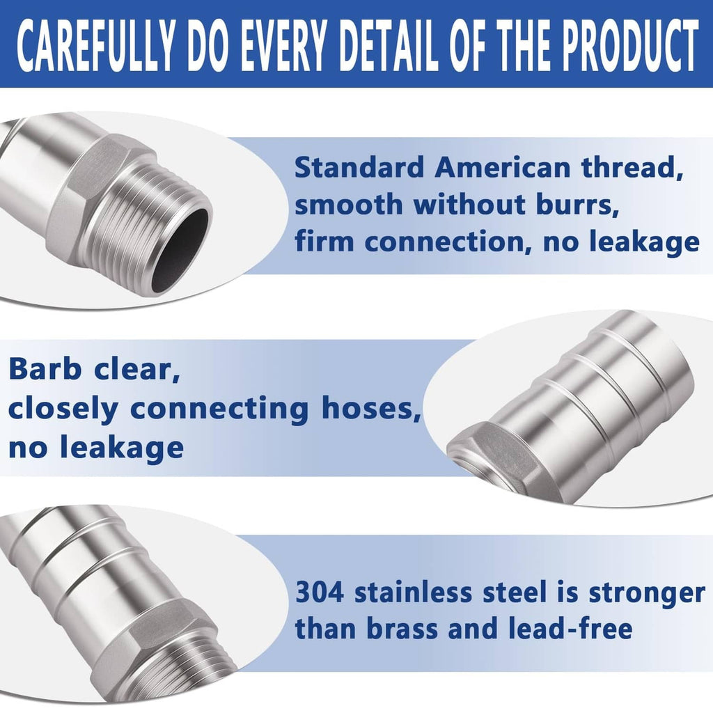 Stainless steel hose barb NPT male fitting with open threaded inlet and smooth barb
