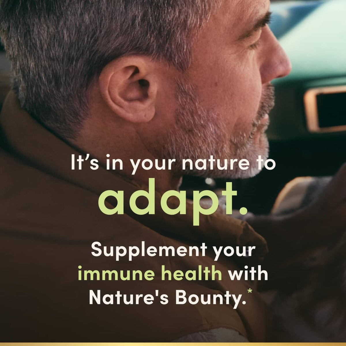Man holding a dog with overlay text about immune health and Nature's Bounty