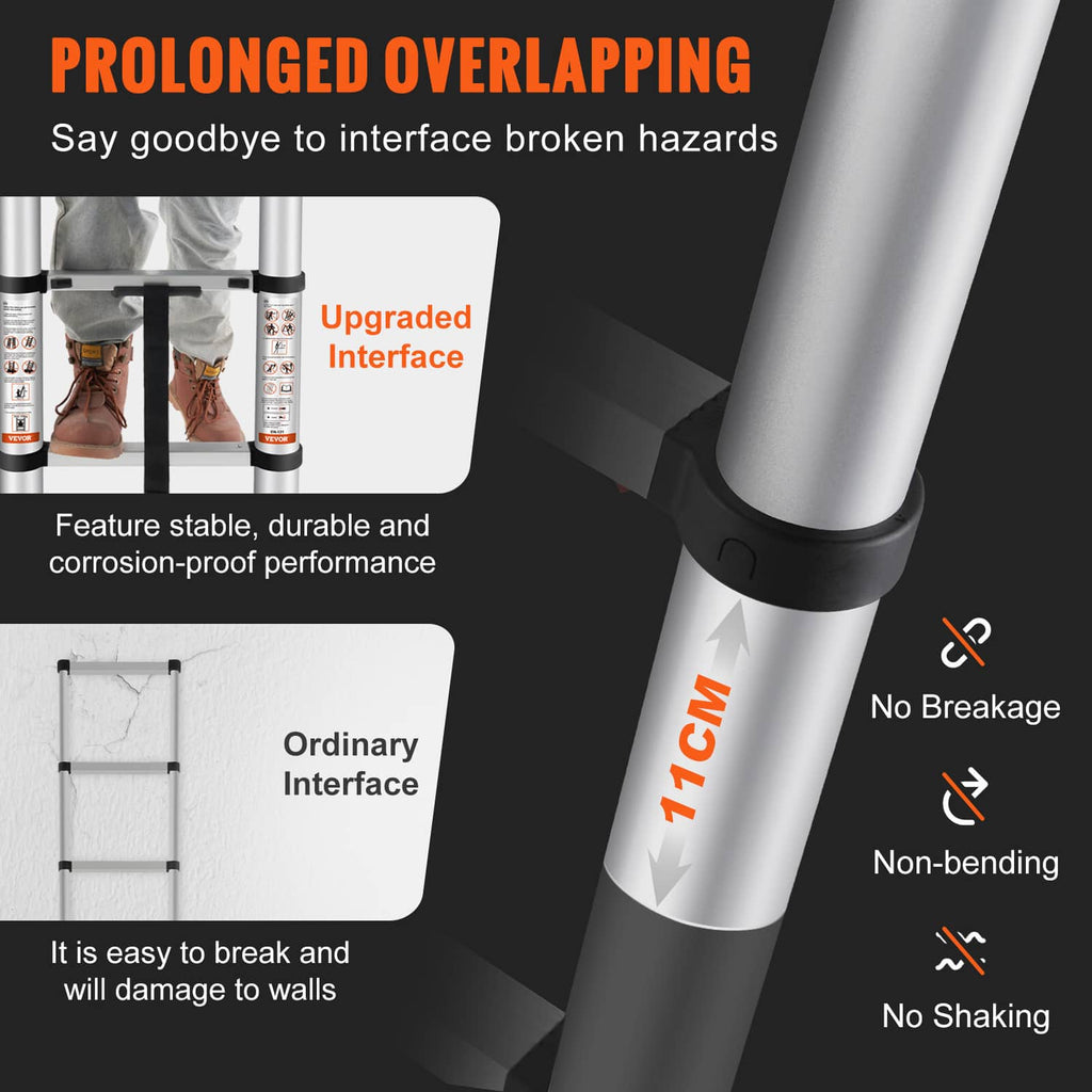 Telescoping ladder overlap joints on silver aluminum with black base collar and strap