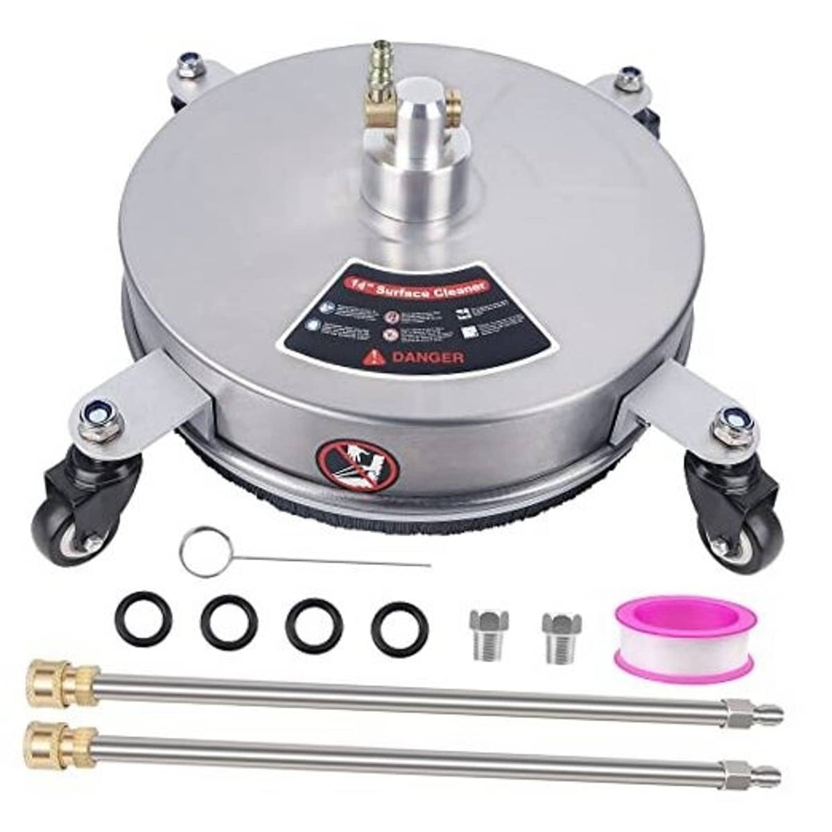 Stainless steel 14-inch pressure washer surface cleaner with 4 caster wheels