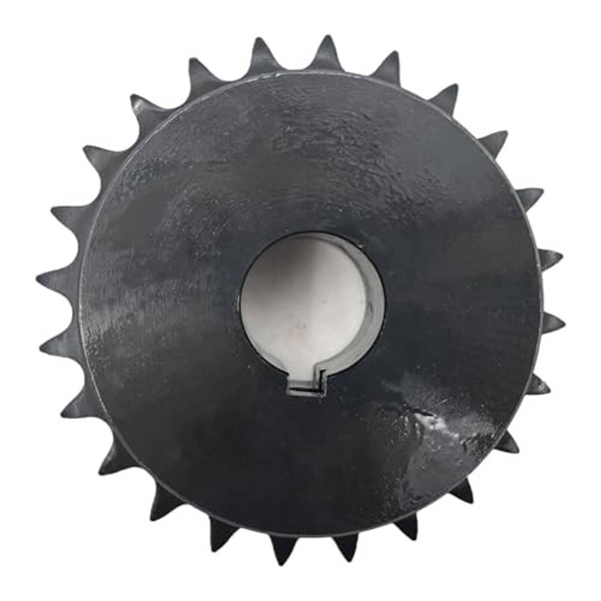 Roller chain sprocket rear view, dark gray, center bore and key-slot notch