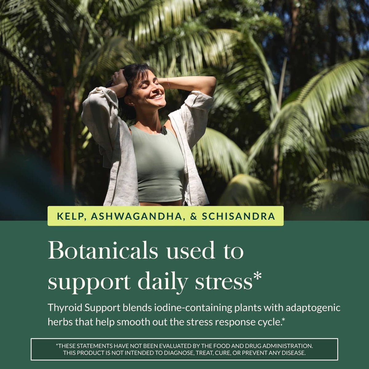 Promotional banner for daily stress support with botanicals ingredients text