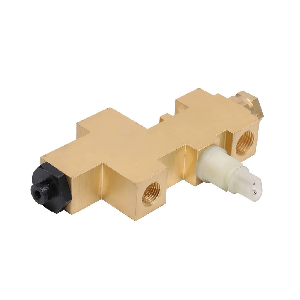 Brass proportioning valve with white plastic connector and two threaded side ports