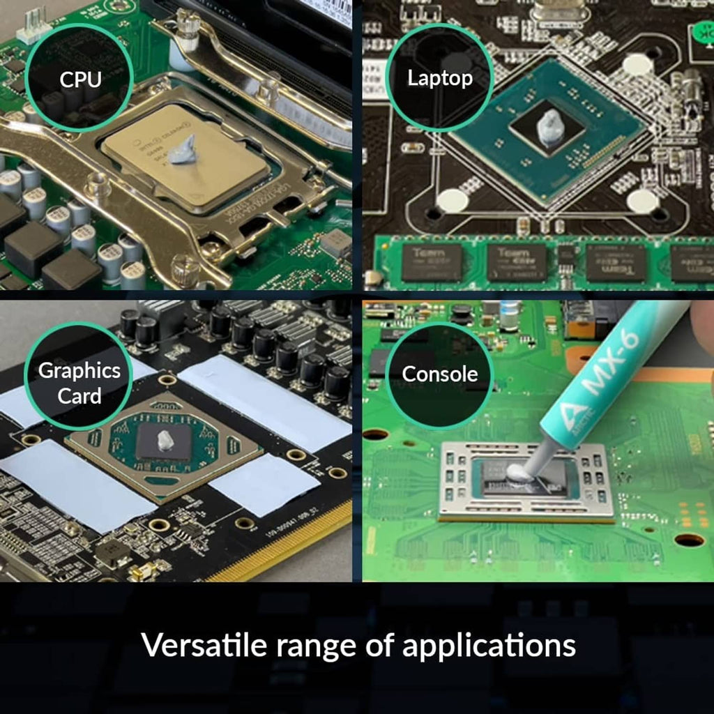 Thermal paste syringe applying paste to CPU, laptop, graphics card, and console boards