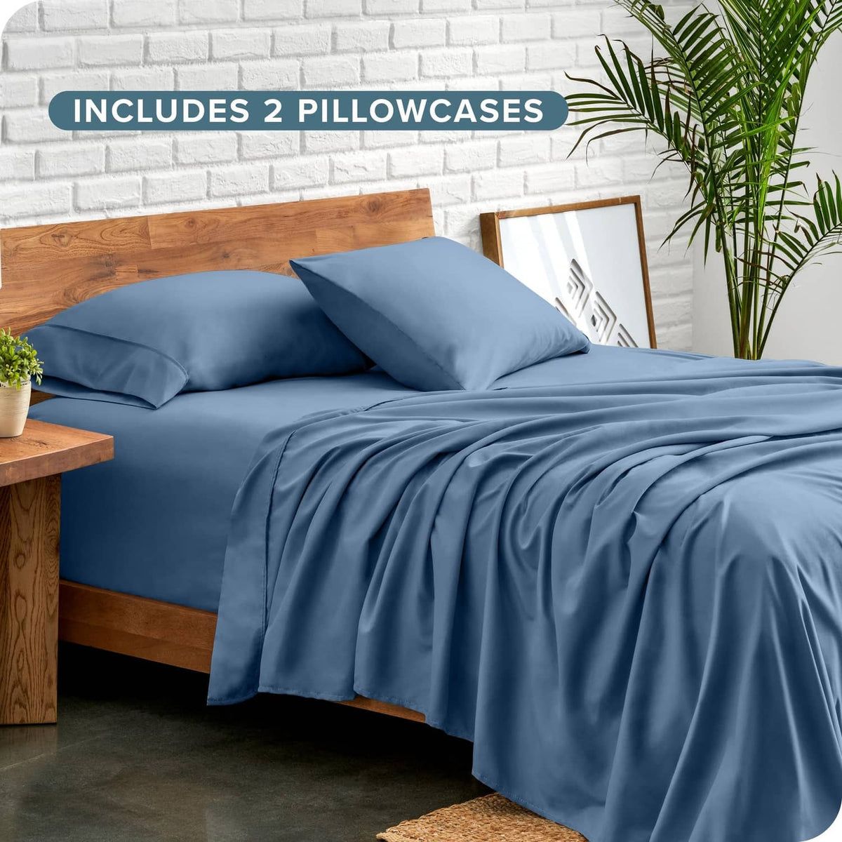Twin XL blue microfiber sheet set with two pillowcases and gathered bed skirt