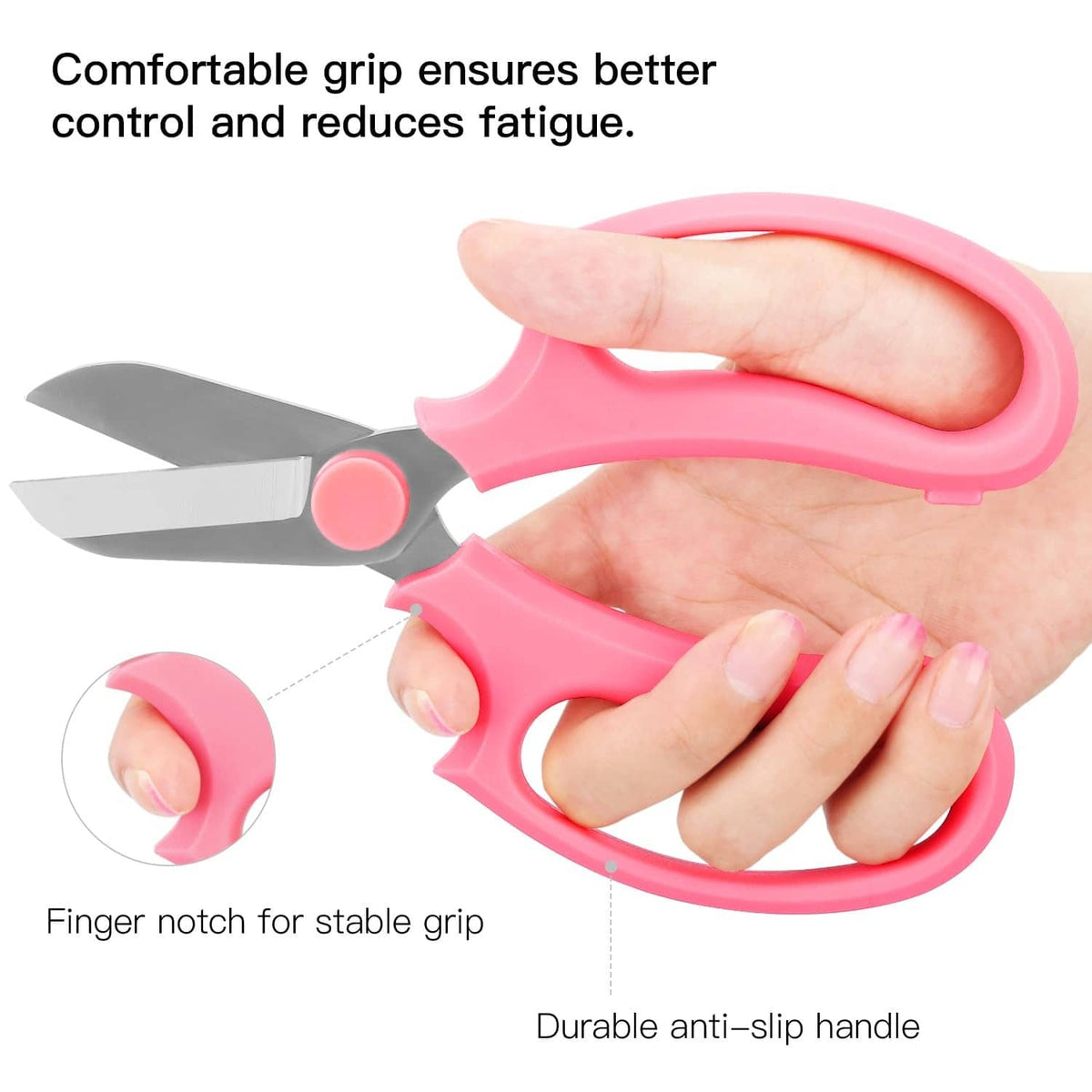 Pink pruning shears with finger notches and anti-slip handle in hand