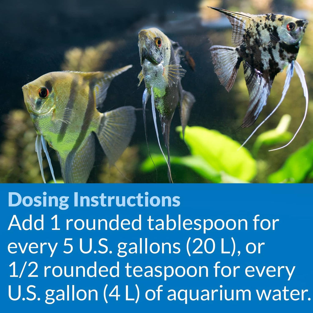Aquarium salt dosing graphic over three freshwater fish, blue instructions text