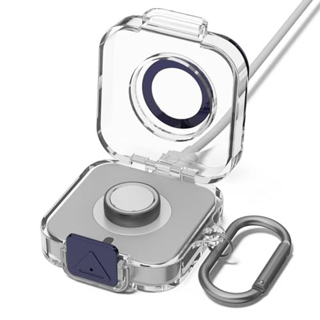 Clear protective charger case with gray base, blue lock tab, and carabiner keychain loop