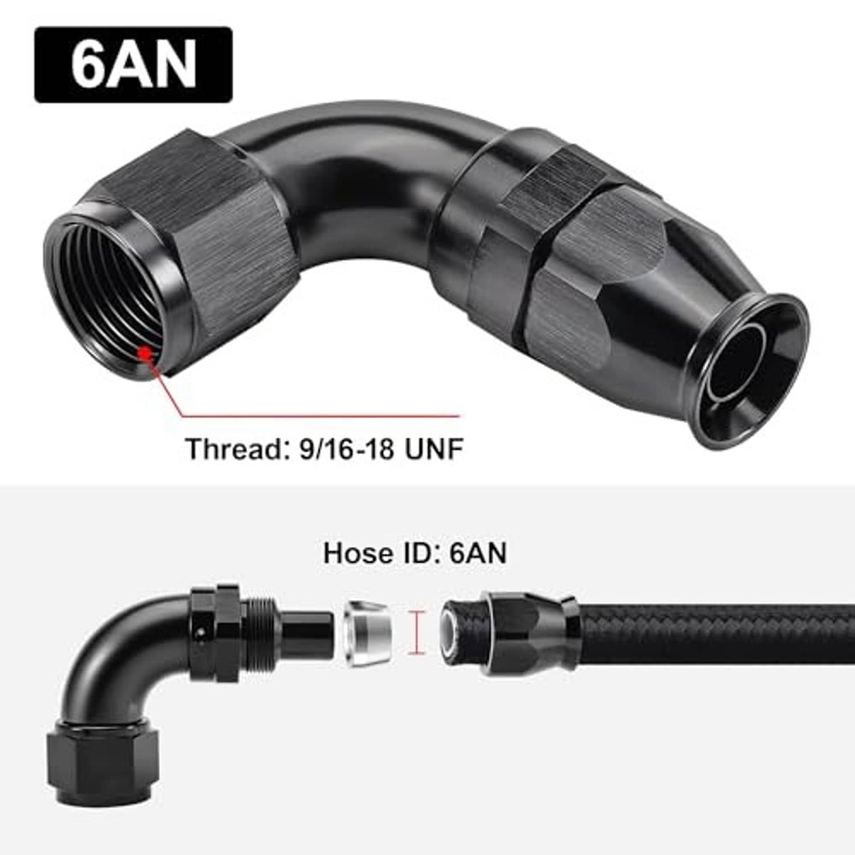 Black 6AN 90-degree hose fitting with curved elbow and threaded hose ports