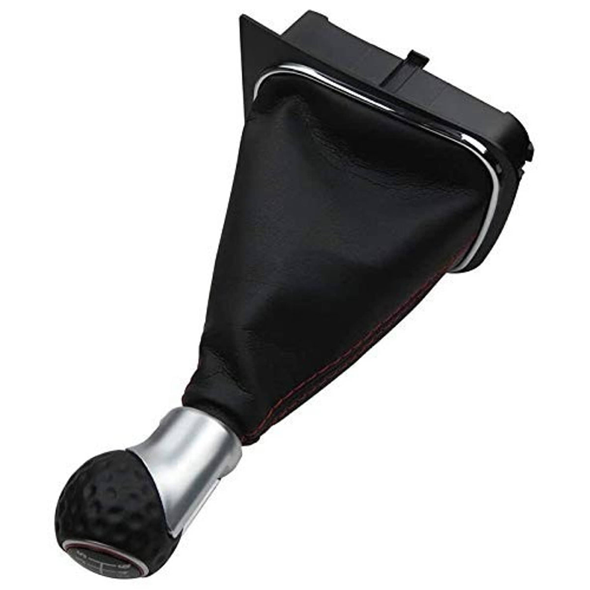 Manual gear shift knob with black leather cover, red stitching, silver handle