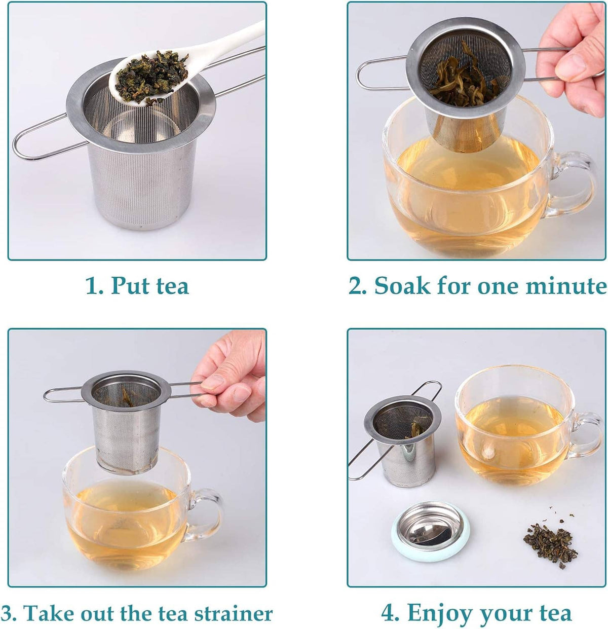 Stainless steel tea strainer with folding handle dipping into a cup