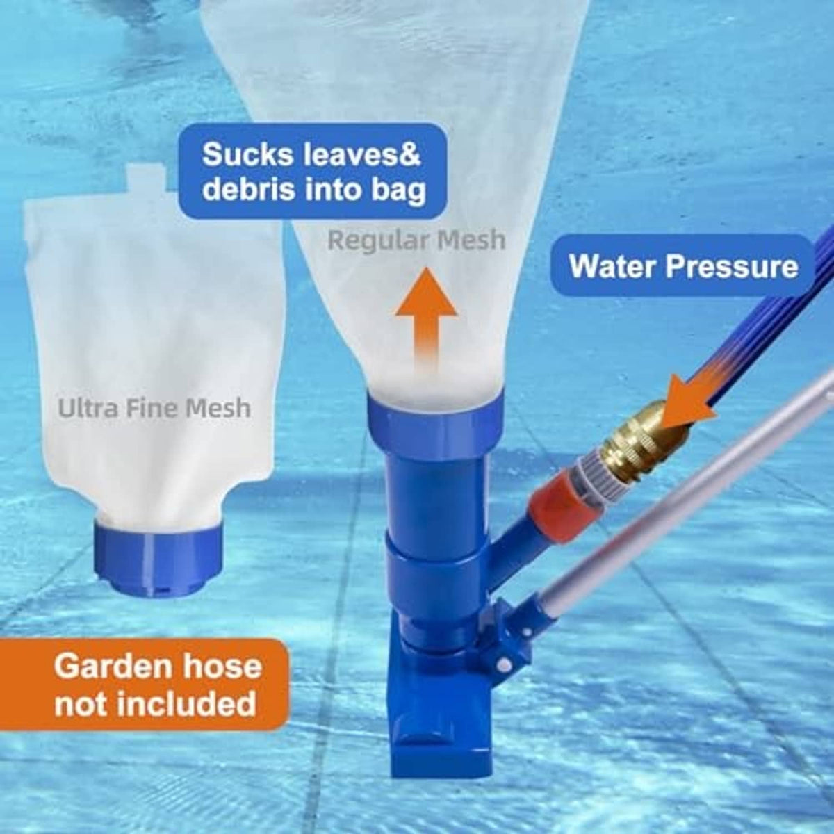 Pool spa vacuum head with brush pole and blue fittings, with ultra-fine and regular mesh bags