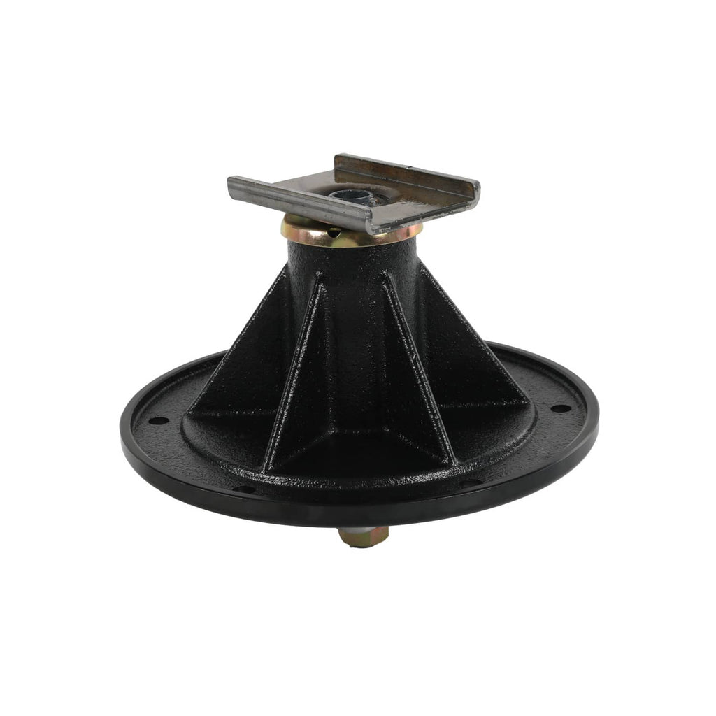 Black deck spindle with raised ribs and rectangular top plate, front view