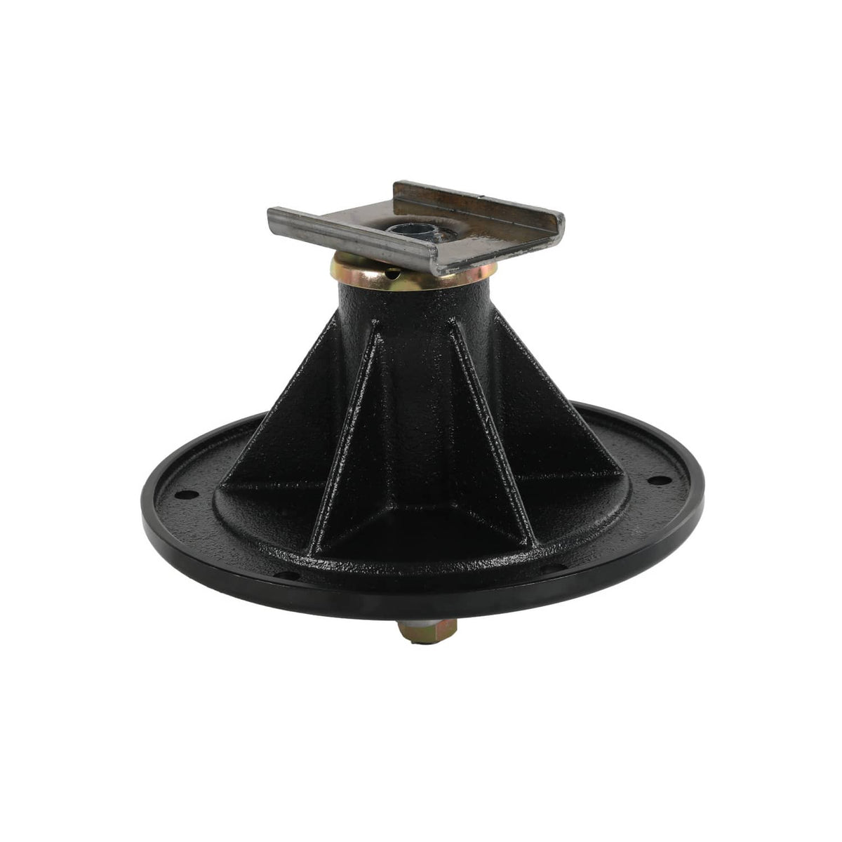 Black deck spindle with raised ribs and rectangular top plate, front view