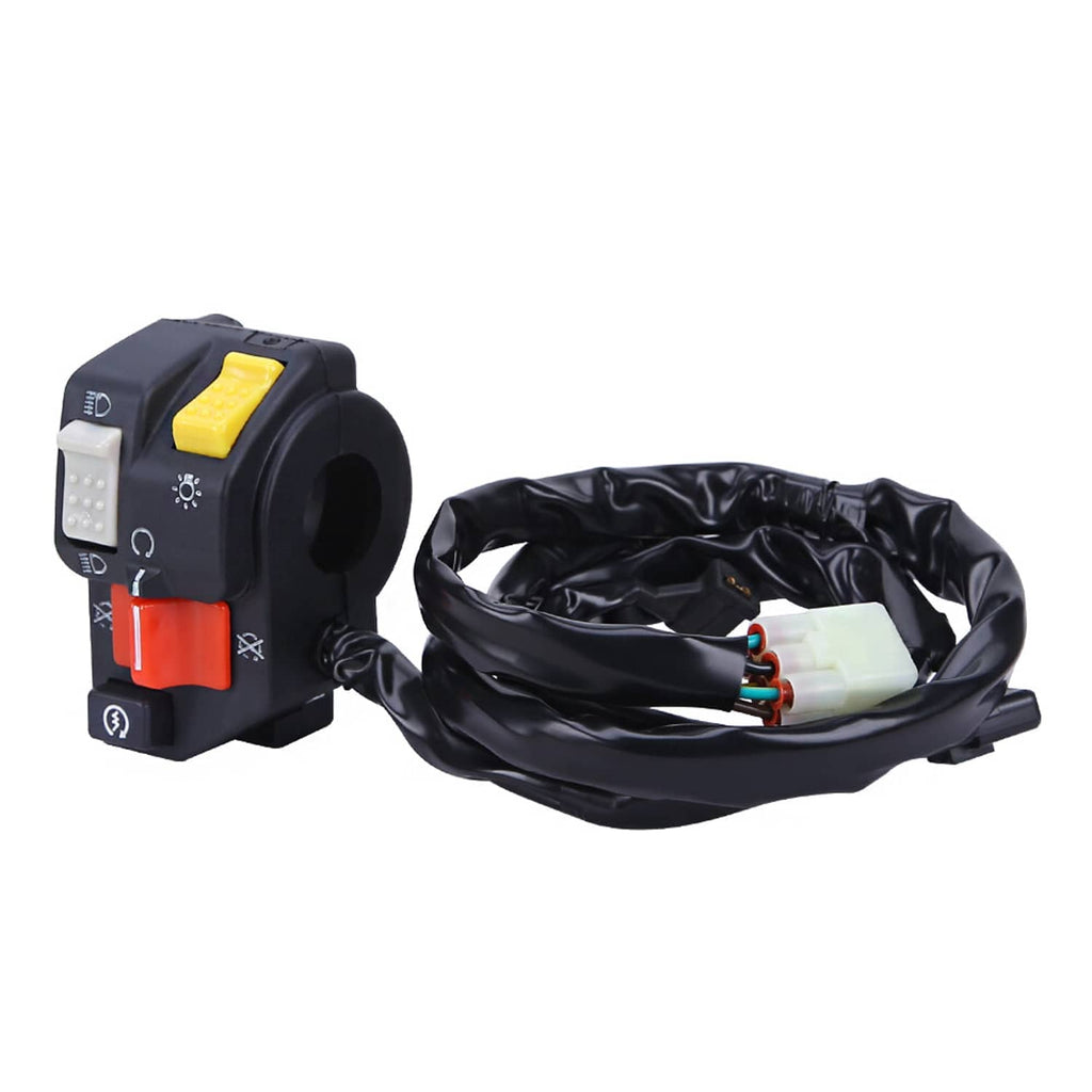 Black start/stop switch with yellow and red controls and white connector on harness