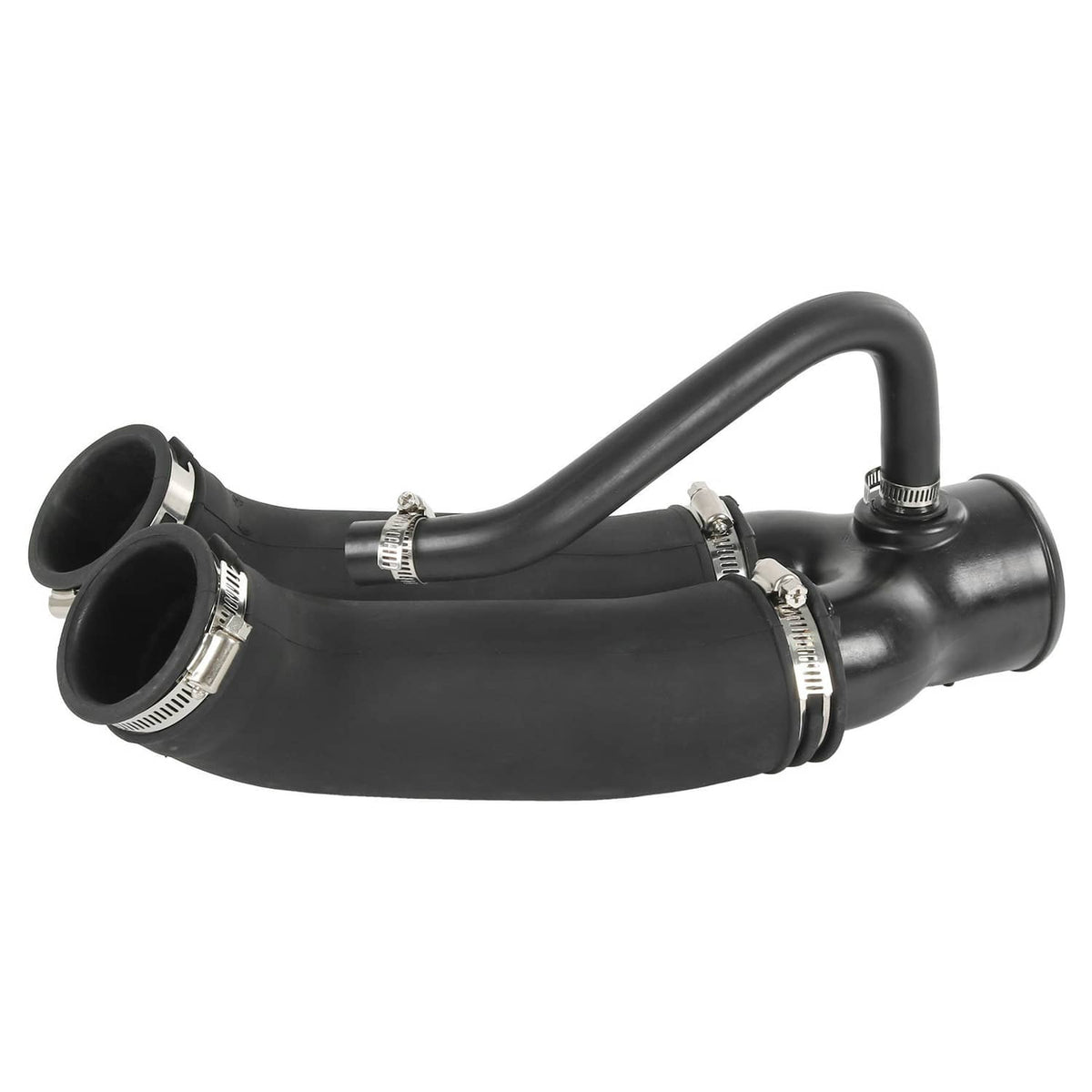 Black air intake hose with curved sections, twin openings, and metal band clamps