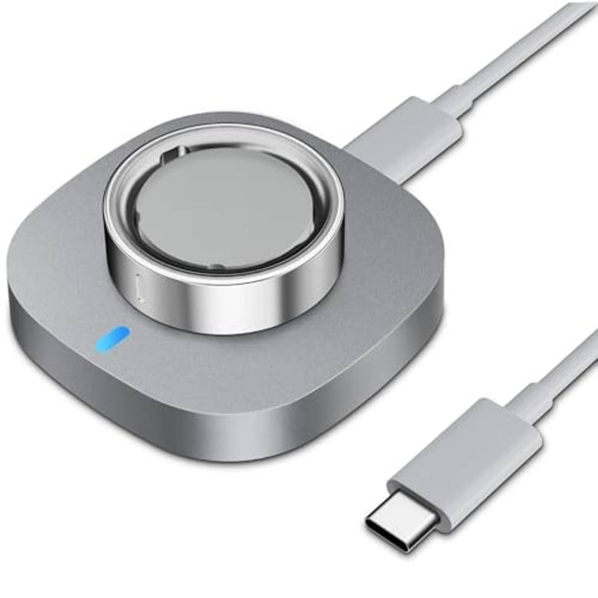 Gray charging dock with ring cradle and USB connector ends on cable