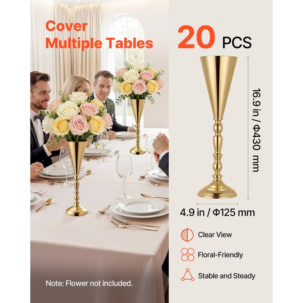 Gold trumpet vase centerpiece set of 20 pcs with flared top and pedestal base
