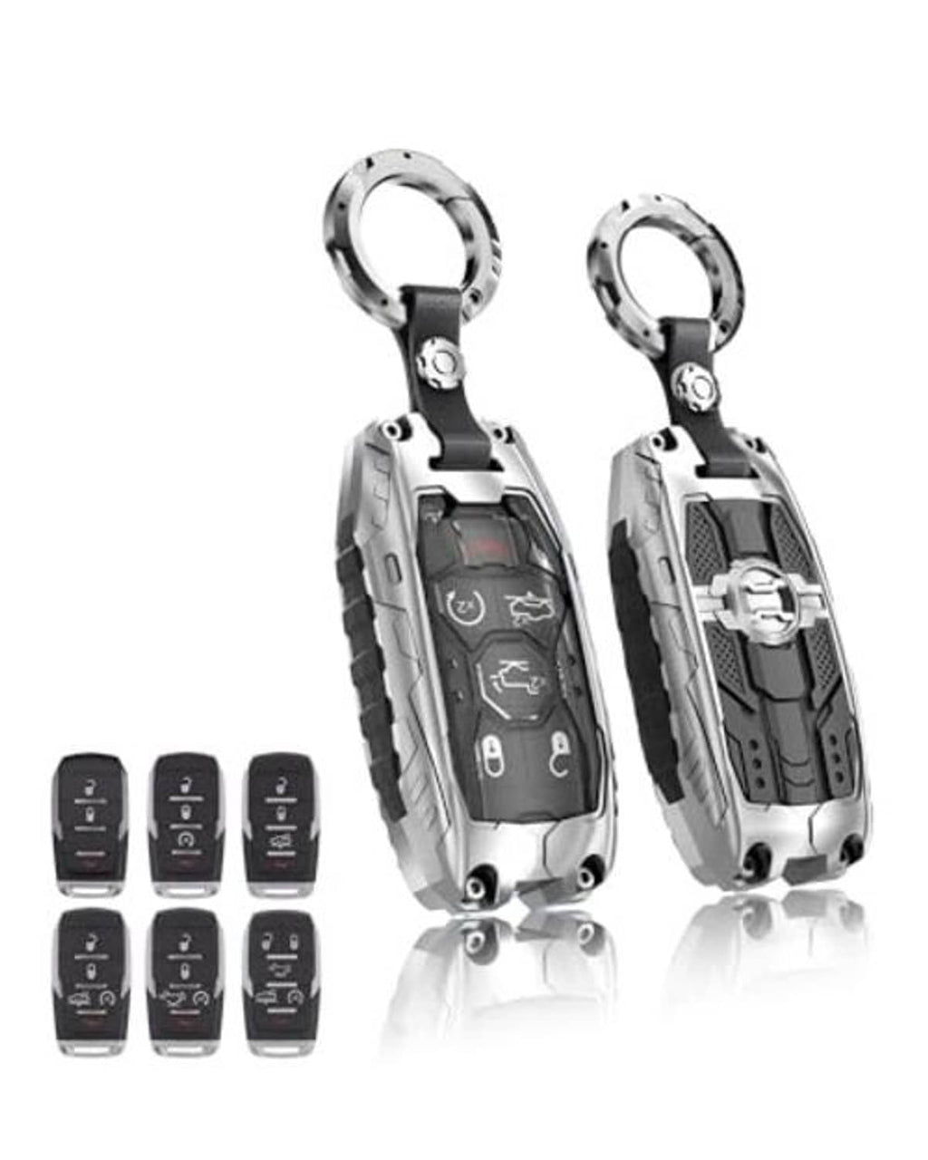 Silver key fob case protector with metal key ring and textured side grips, two-pack