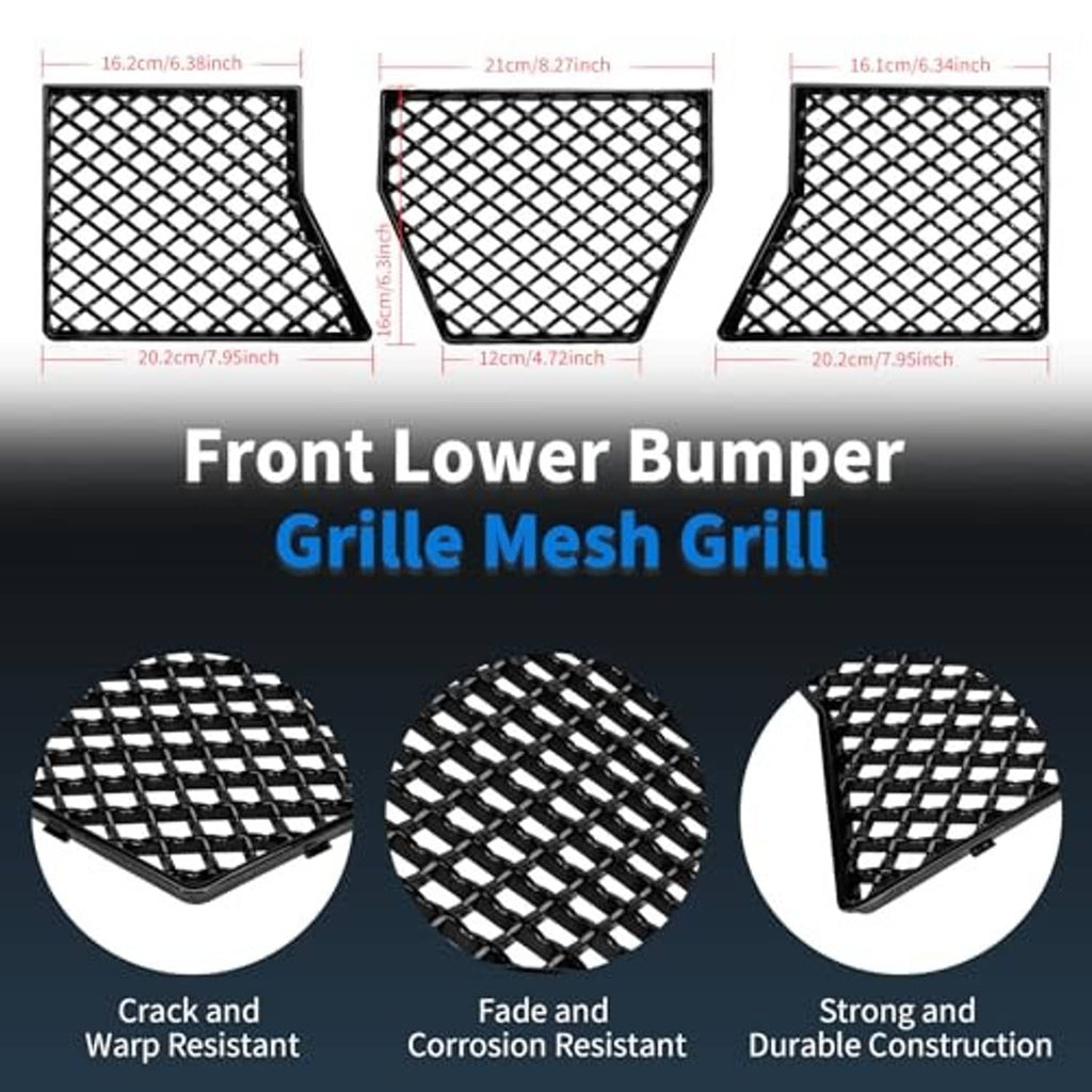 Front lower bumper grille mesh inserts with size diagram, three black diamond panels