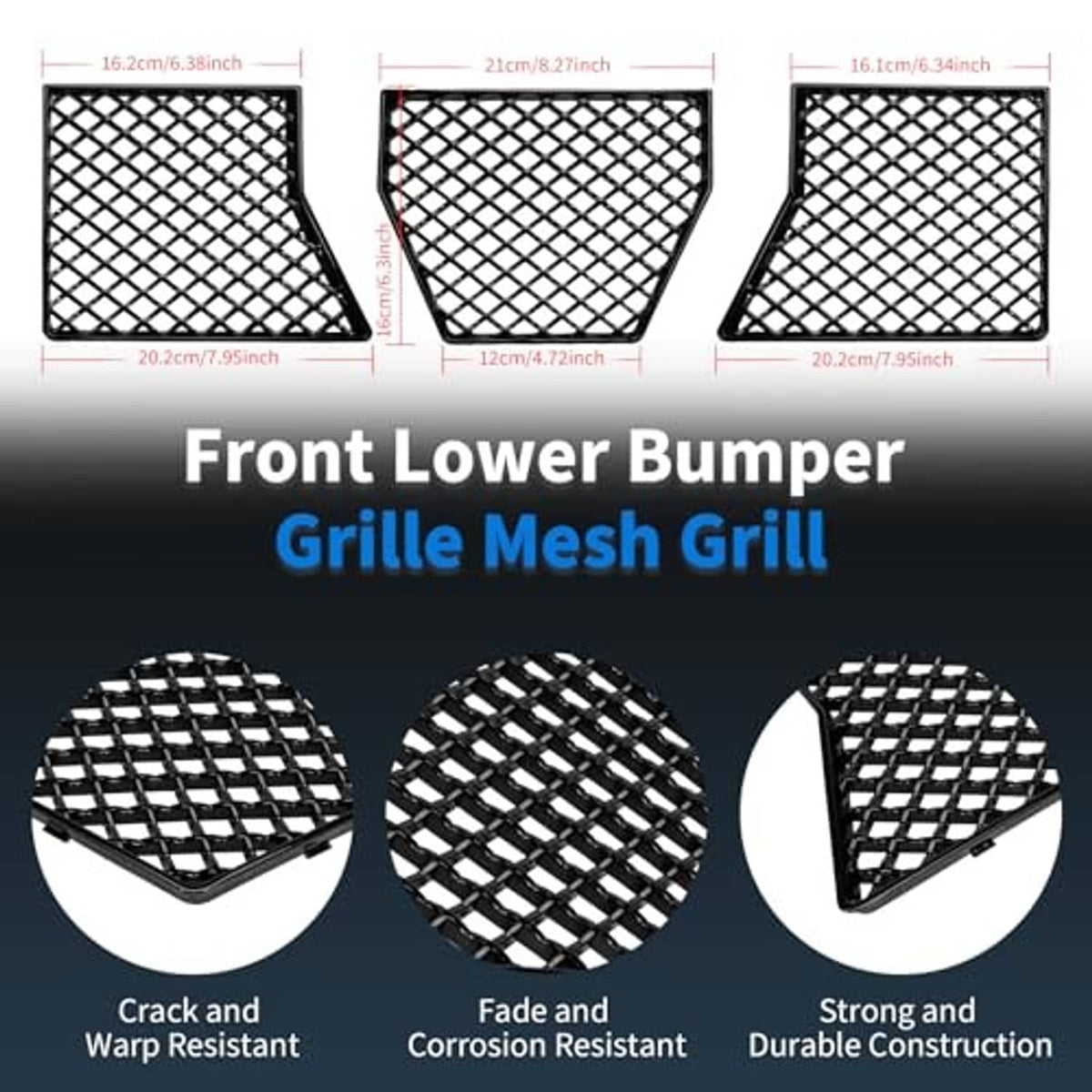 Front lower bumper grille mesh inserts with size diagram, three black diamond panels