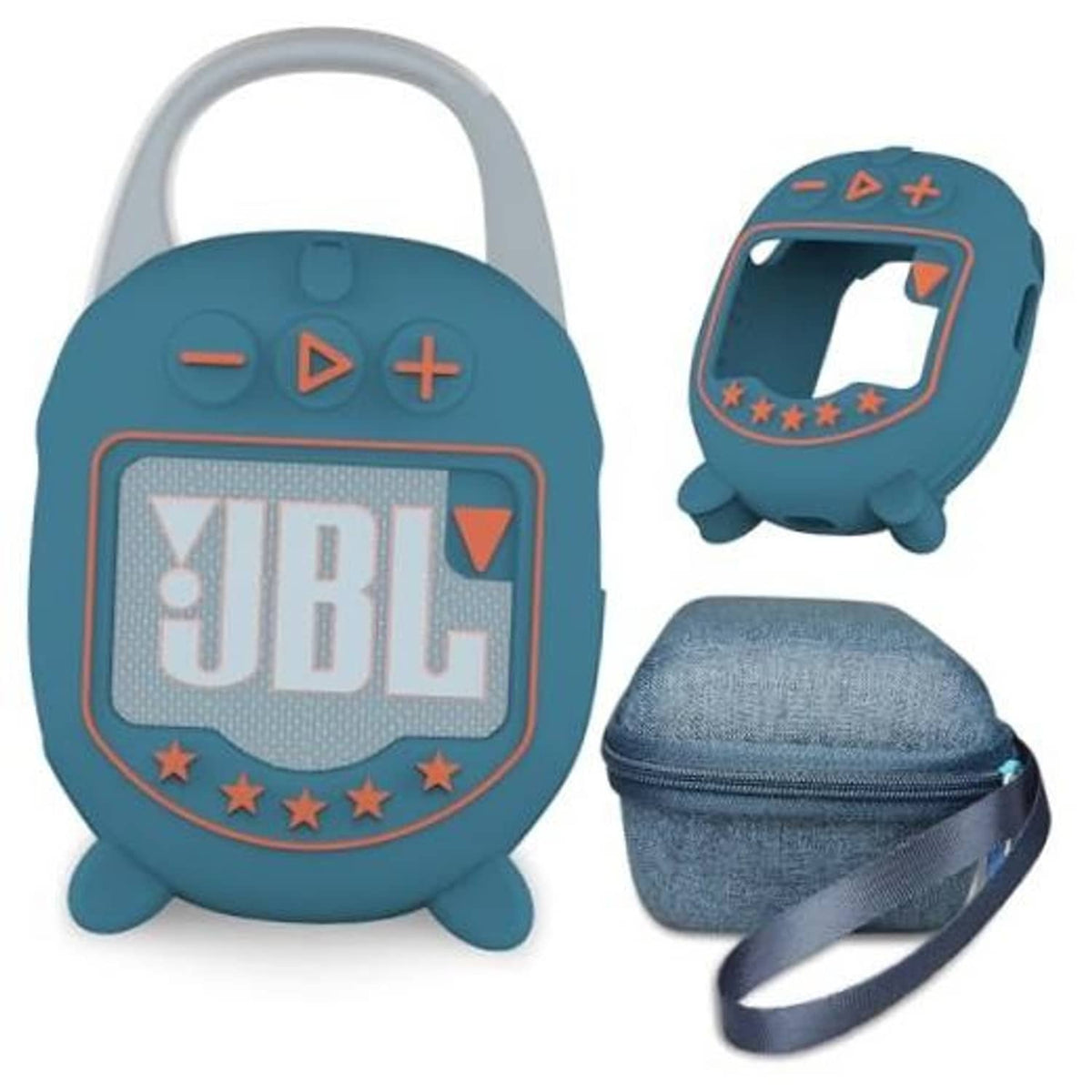 Soft blue silicone JBL Clip 5 speaker case with front panel cutout and zip denim pouch