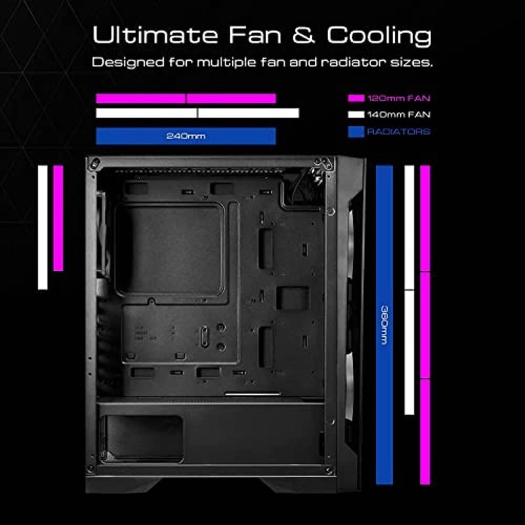Black PC case interior with fan mounting areas, drive bays, and cable paths
