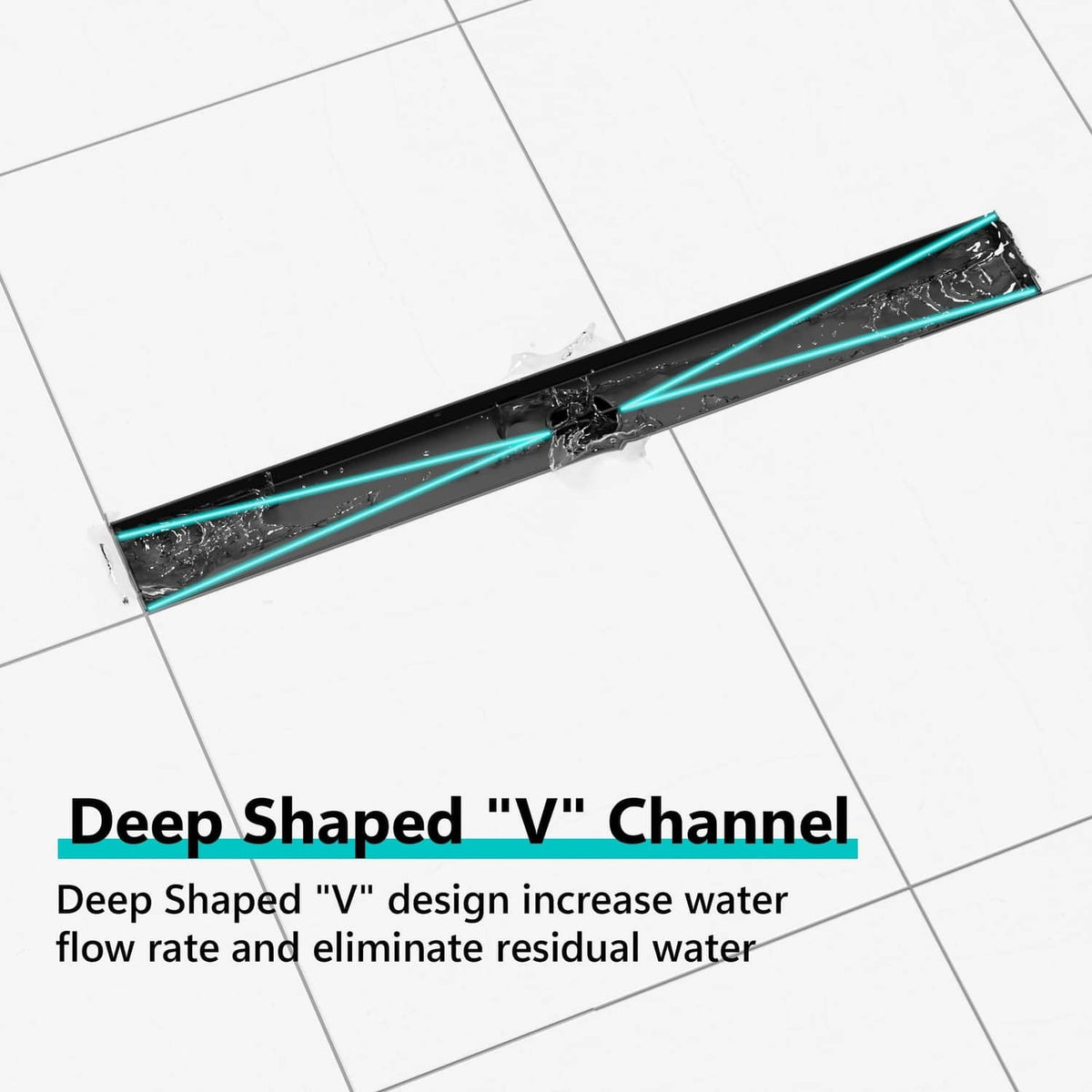 Matte black V-channel linear shower drain with deep grooved channel