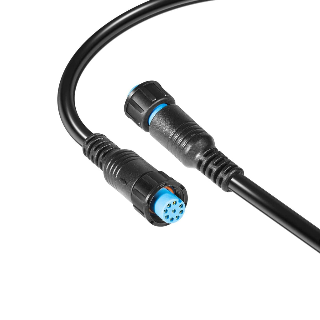 Two blue 9-pin connector plugs on a black marine network cable