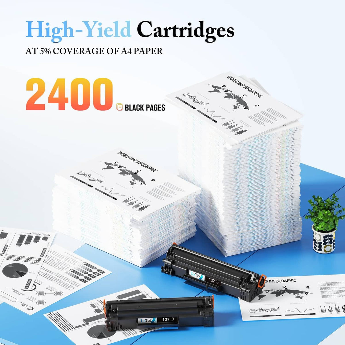 High-yield black toner cartridges, 2-pack, with printed pages shown