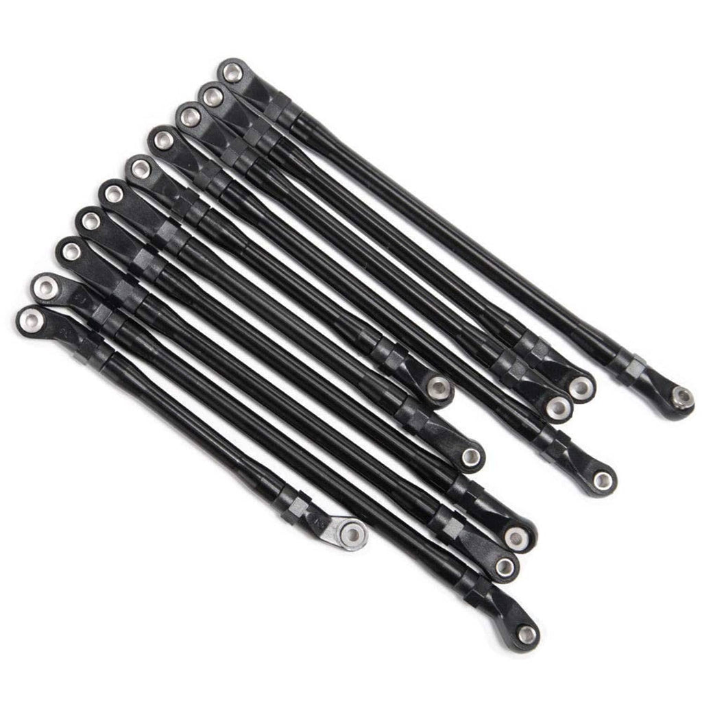 Black metal rod linkages with silver end eyelets, neatly arranged set