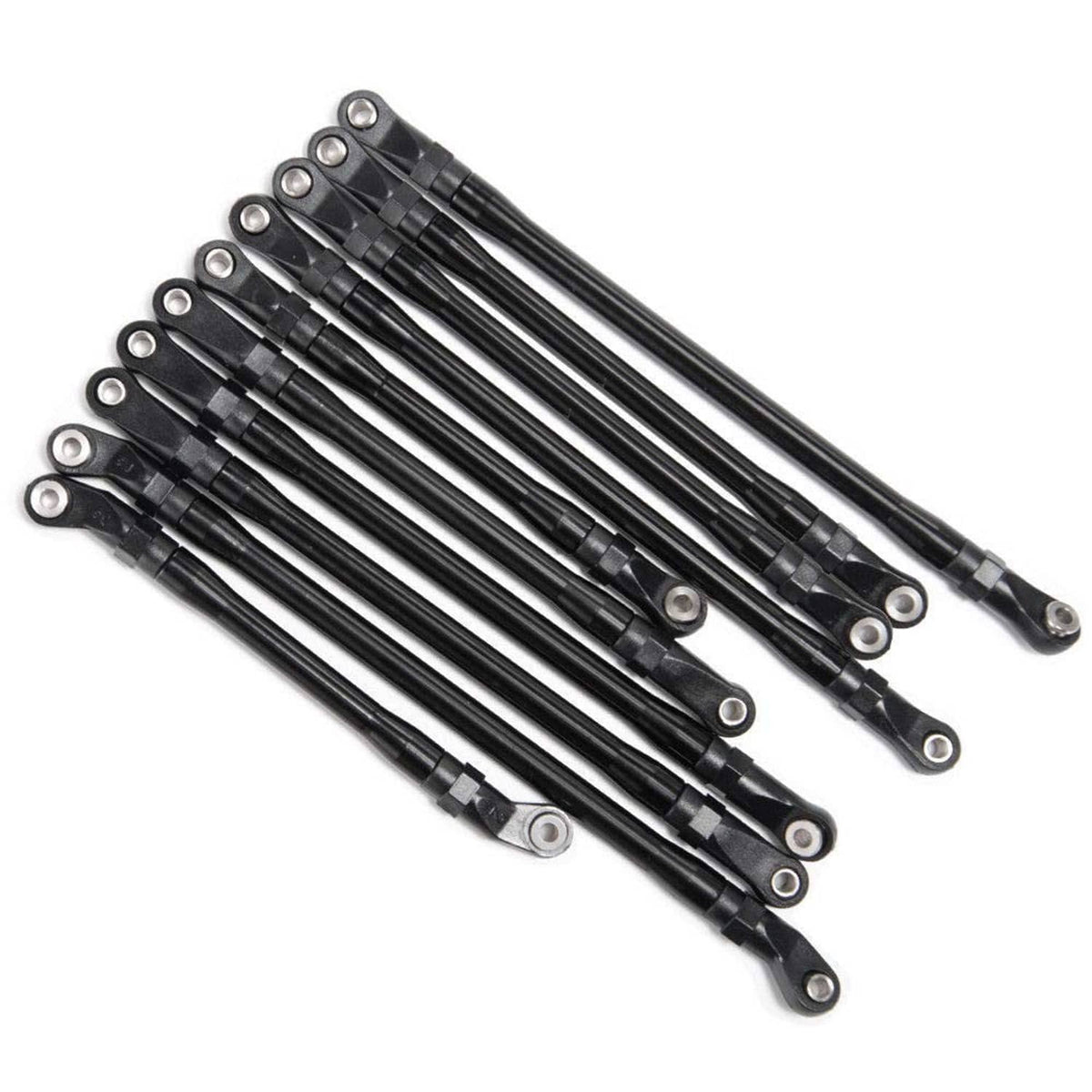 Black metal rod linkages with silver end eyelets, neatly arranged set