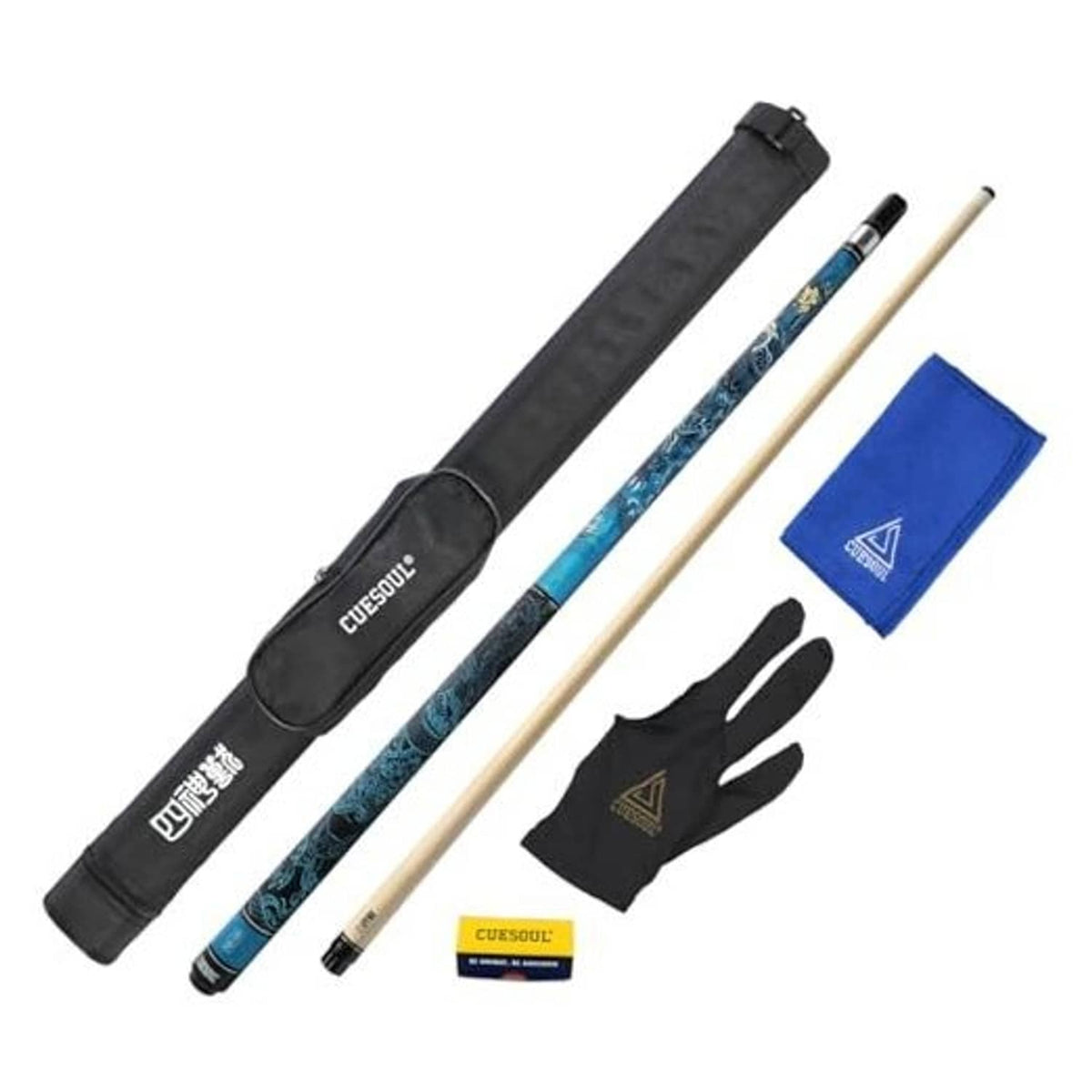 Pool cue set with black case, blue patterned cue shaft, gloves, and blue cloth