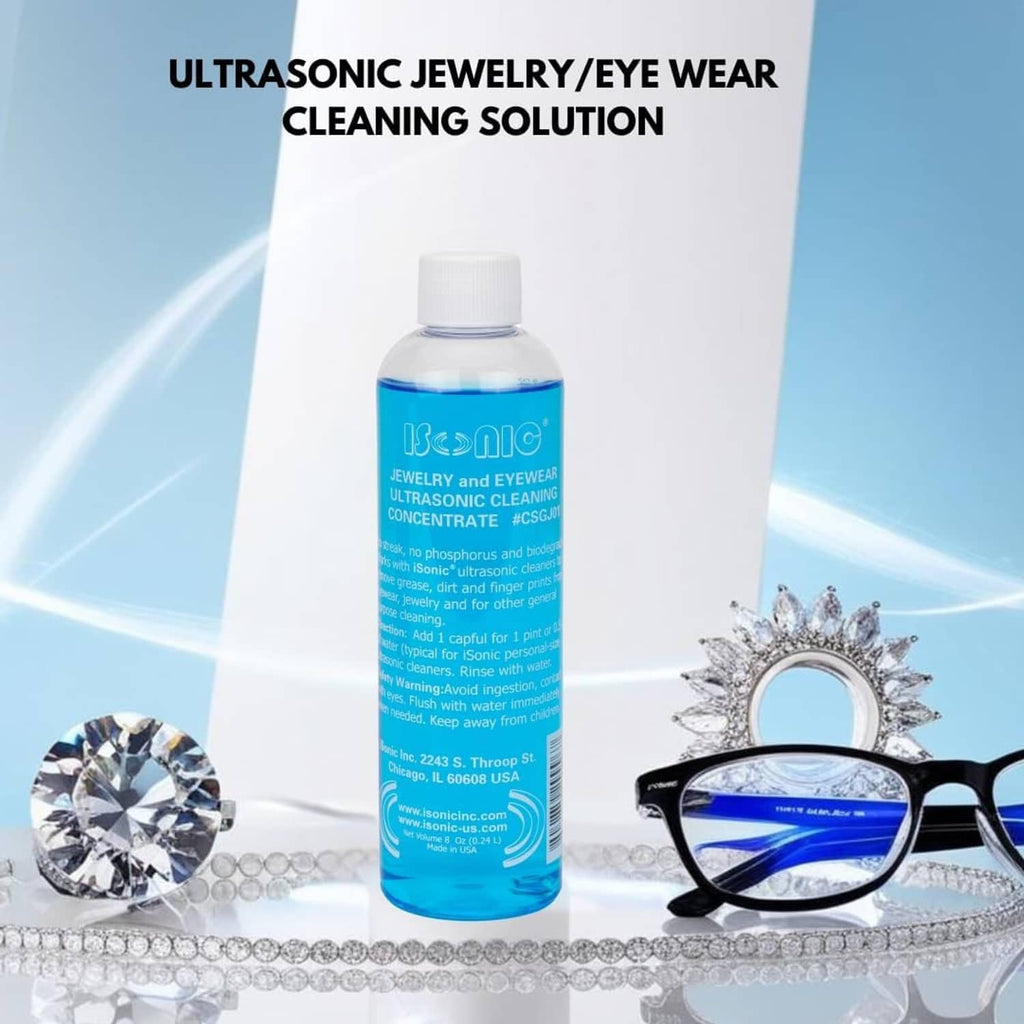 Ultrasonic jewelry and eyeglass cleaning solution bottle with diamond and eyeglasses