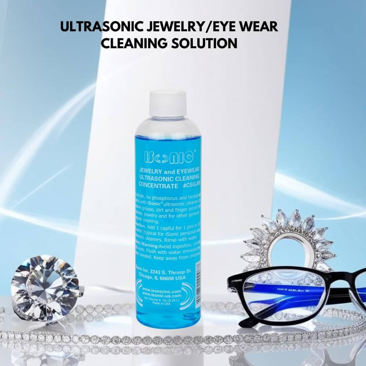Ultrasonic jewelry and eyeglass cleaning solution bottle with diamond and eyeglasses