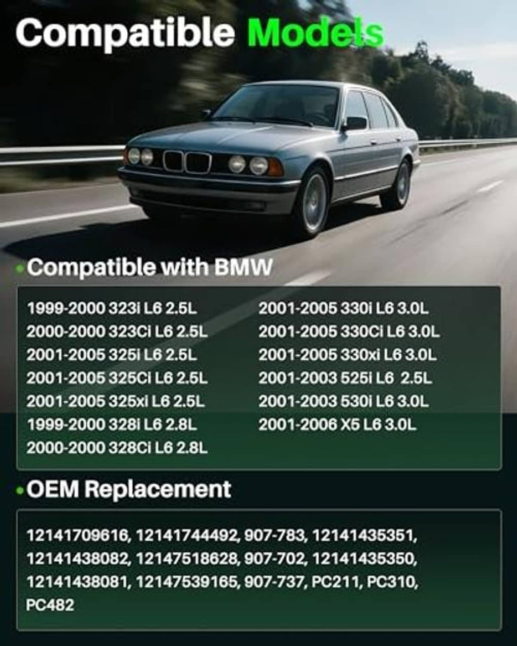 Car on road with compatibility chart for BMW models and OEM replacement info