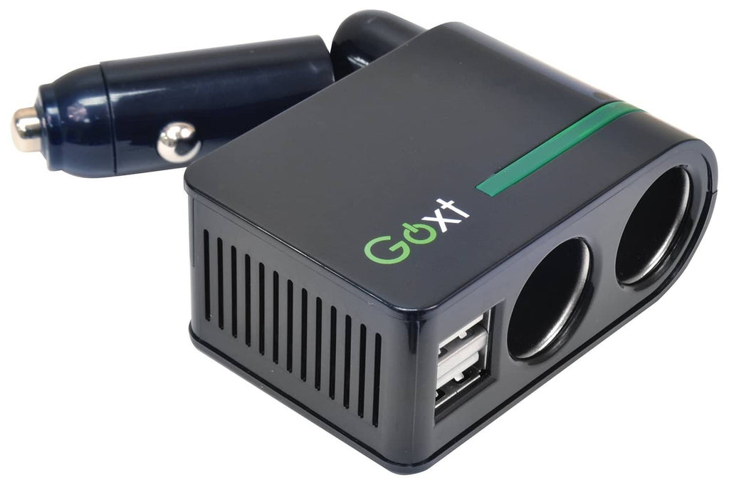 Goxt 12V dual car socket with USB ports, black housing and green stripe