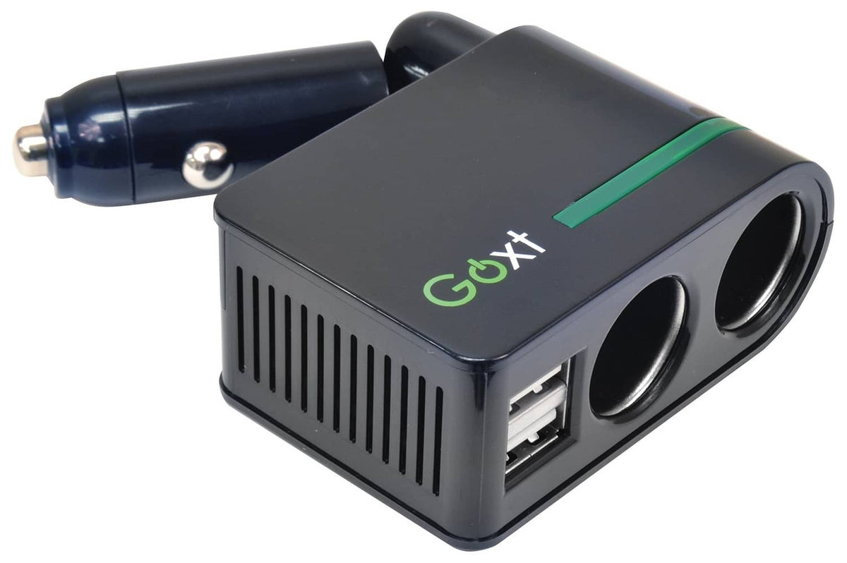 Goxt 12V dual car socket with USB ports, black housing and green stripe