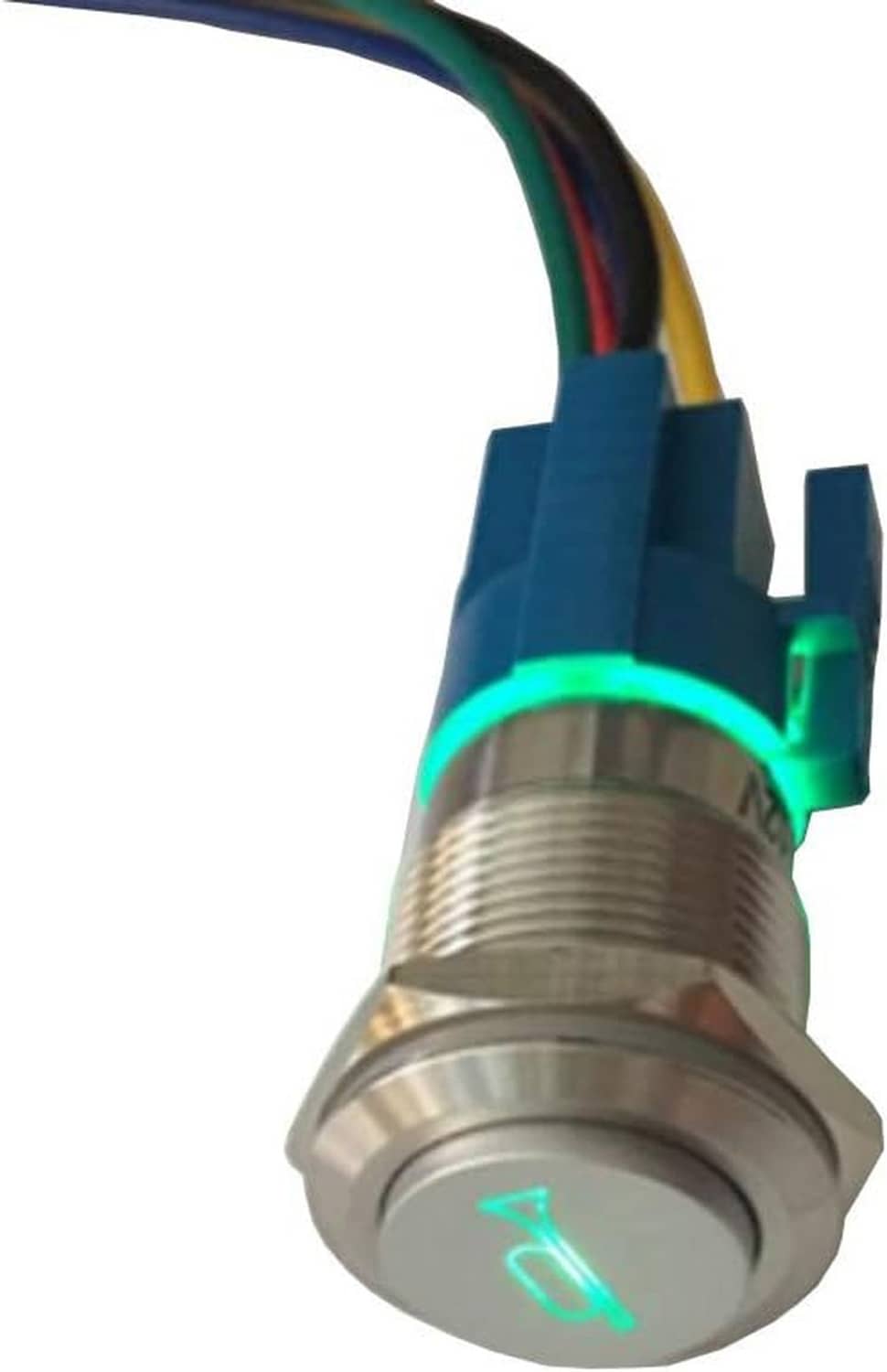 12V car LED horn push button switch angled view with green ring light and wiring
