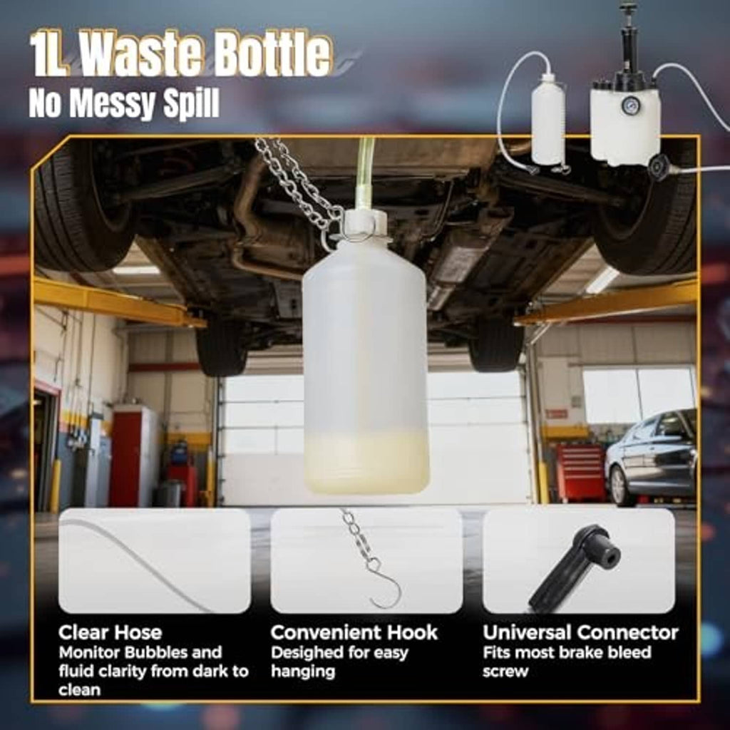 1L waste bottle with clear hose, chain hook, and universal connector for brake bleeding