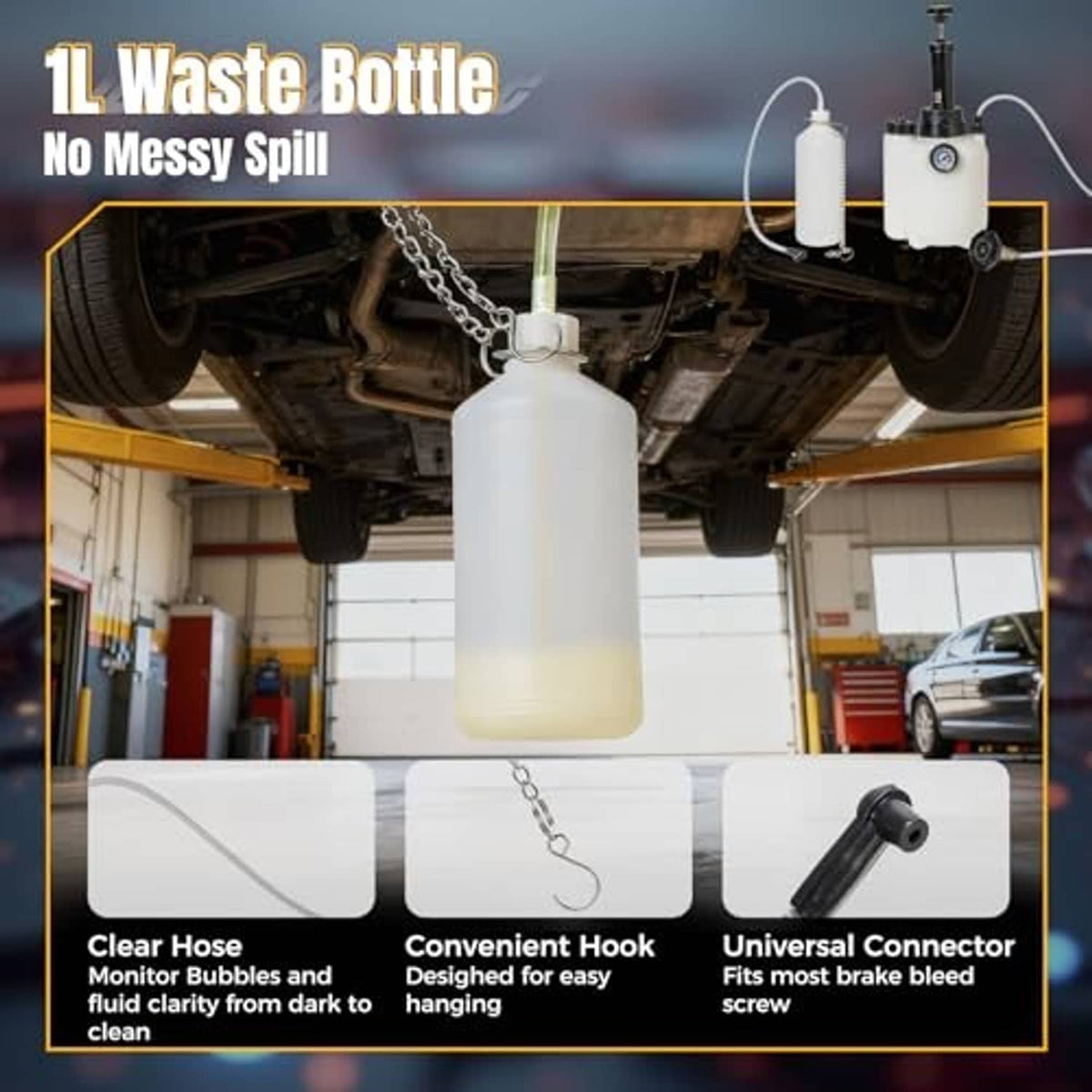 1L waste bottle with clear hose, chain hook, and universal connector for brake bleeding