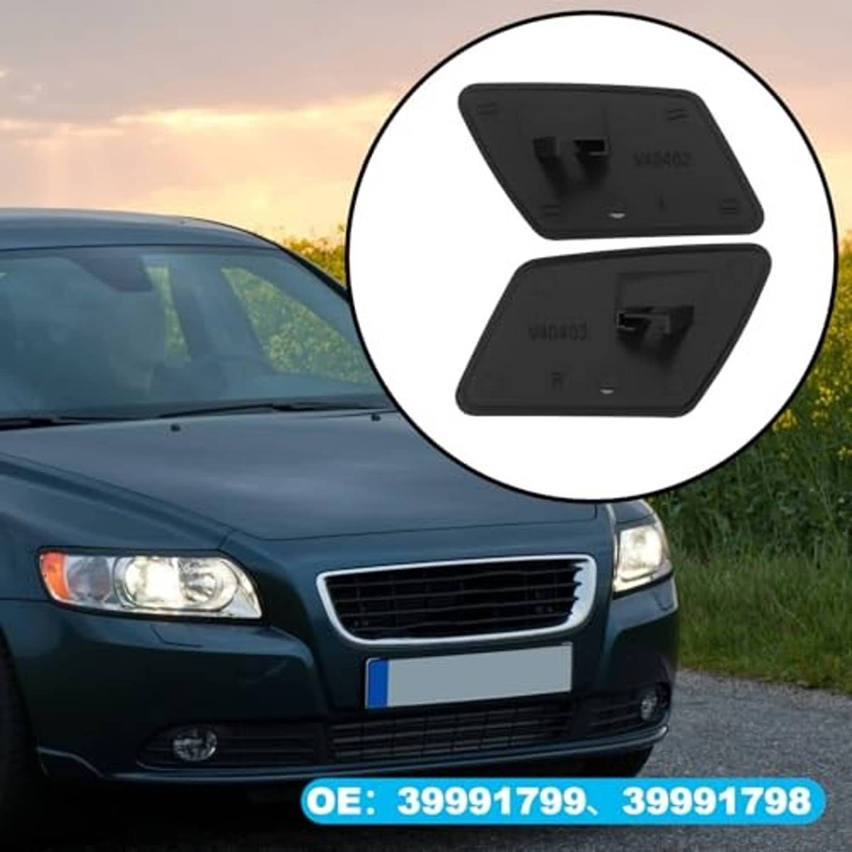 Matte black headlight washer nozzle cover caps shown with car front (left and right)